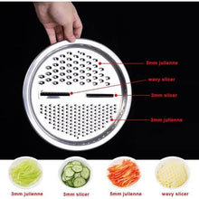 Load image into Gallery viewer, Vibrant display of a kitchen slicer with different settings and sliced vegetables.
