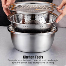 Load image into Gallery viewer, Set of three stainless steel kitchen utensils including a large bowl, a medium colander, and a small strainer on a gray surface.
