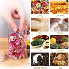 Load image into Gallery viewer, Glass container with pink flowers, surrounded by images of candy, cookies, rice, flour, tea, cereals, coffee beans, and nuts.
