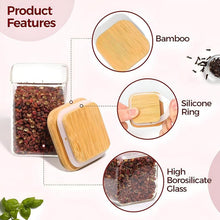 Load image into Gallery viewer, Product features of a container with bamboo lid, silicone ring, and high borosilicate glass.
