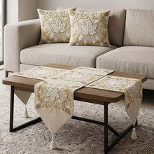 تحميل الصورة في عارض المعرض، Linen handmade runner and cushions set with cotton embroidery on a coffee table in a stylish living room.
