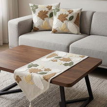 تحميل الصورة في عارض المعرض، Linen handmade runner and cushions set on a coffee table, featuring elegant floral embroidery and a cozy living room ambiance.
