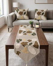 تحميل الصورة في عارض المعرض، Image of 3 Pcs Linen Handmade Runner and Cushions Set with Cotton embroidery on a coffee table in a living room.

