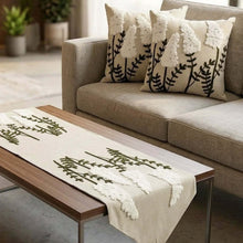 تحميل الصورة في عارض المعرض، 3 Pcs Linen Handmade Runner and Cushion Set featuring decorative cushion covers and elegant table runner on a coffee table.
