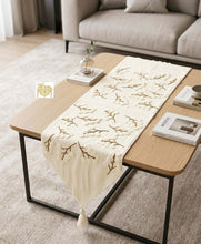 تحميل الصورة في عارض المعرض، Linen handmade runner and cushions set displayed on a coffee table, featuring elegant floral embroidery design.
