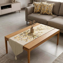تحميل الصورة في عارض المعرض، 3 Pcs Linen Handmade Runner and Cushions Set featuring elegant table runner and decorative cushion covers in a stylish living room setting.
