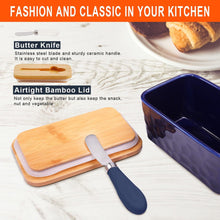 Load image into Gallery viewer, Butter dish with bamboo lid and ceramic handle knife, showcasing kitchen storage for butter and snacks.
