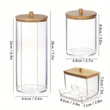 تحميل الصورة في عارض المعرض، Three clear glass storage jars with bamboo lids shown on a white background, with dimension labels and measurements for each size.
