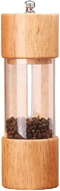 Premium wooden pepper grinder with transparent acrylic mill, adjustable coarseness, featuring black pepper inside.