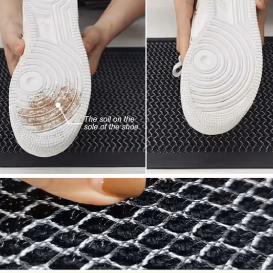 Before and after showing dirt on shoe sole, highlighting the effectiveness of the high-elasticity doormat.