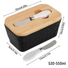 Load image into Gallery viewer, Porcelain butter dish with bamboo lid and spreader, 250g capacity, modern black design, ideal for butter storage.
