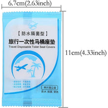 Load image into Gallery viewer, Blue packaging of travel disposable toilet seat covers with dimensions indicated.
