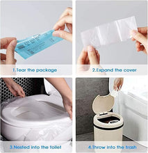 Load image into Gallery viewer, Step-by-step guide on using a toilet seat cover with images of hands tearing a package, expanding a cover, nesting it into a toilet, and disposing of it.
