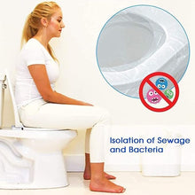 Load image into Gallery viewer, Woman sitting on a toilet with a clear plastic cover over the seat, showing text about isolation of sewage and bacteria.
