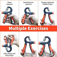 تحميل الصورة في عارض المعرض، Hand grip strengthener showing multiple exercises for finger and hand strength, including palm, index, and reverse grips.
