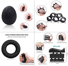 تحميل الصورة في عارض المعرض، Hand grip strengthener kit with various tools like grip ring, finger exerciser, and stress ball for enhancing grip strength.
