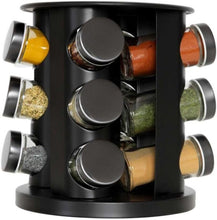 Load image into Gallery viewer, Shakers - 360° Black Rotating 12 Jars Spice Storage Rack - Stainless Steel Tower for Kitchen Cabinet Organizer
