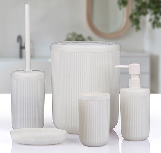 Striped Bathroom Accessories Set - 5 Pcs Solid Frame White including soap dispenser and waste bin.