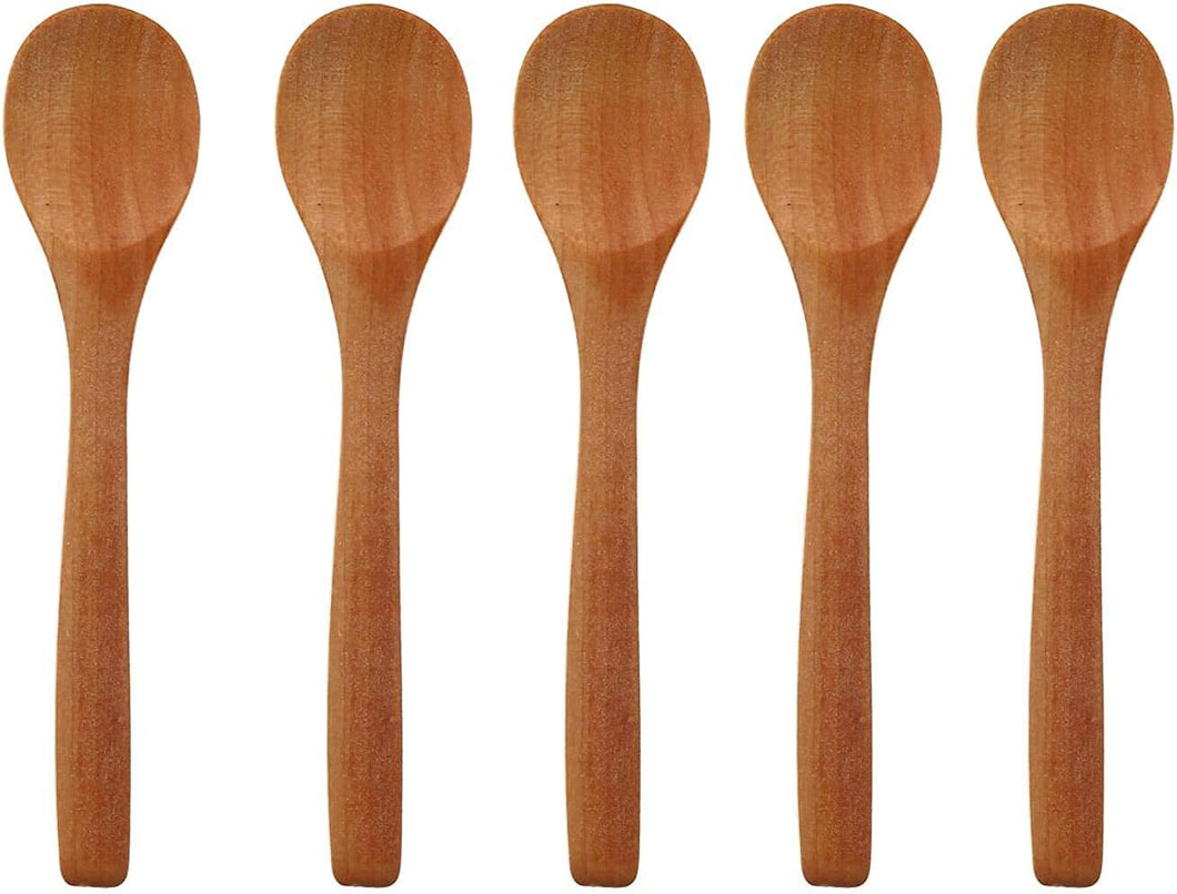 Five wooden spoons of different sizes on a white background