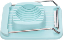 Load image into Gallery viewer, Multifunctional square egg slicer in teal, designed for precise slicing and wedging of hard-boiled eggs.
