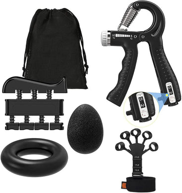 Gym hand grip strengthener kit including adjustable grips, finger exerciser, grip ring, and training ball.