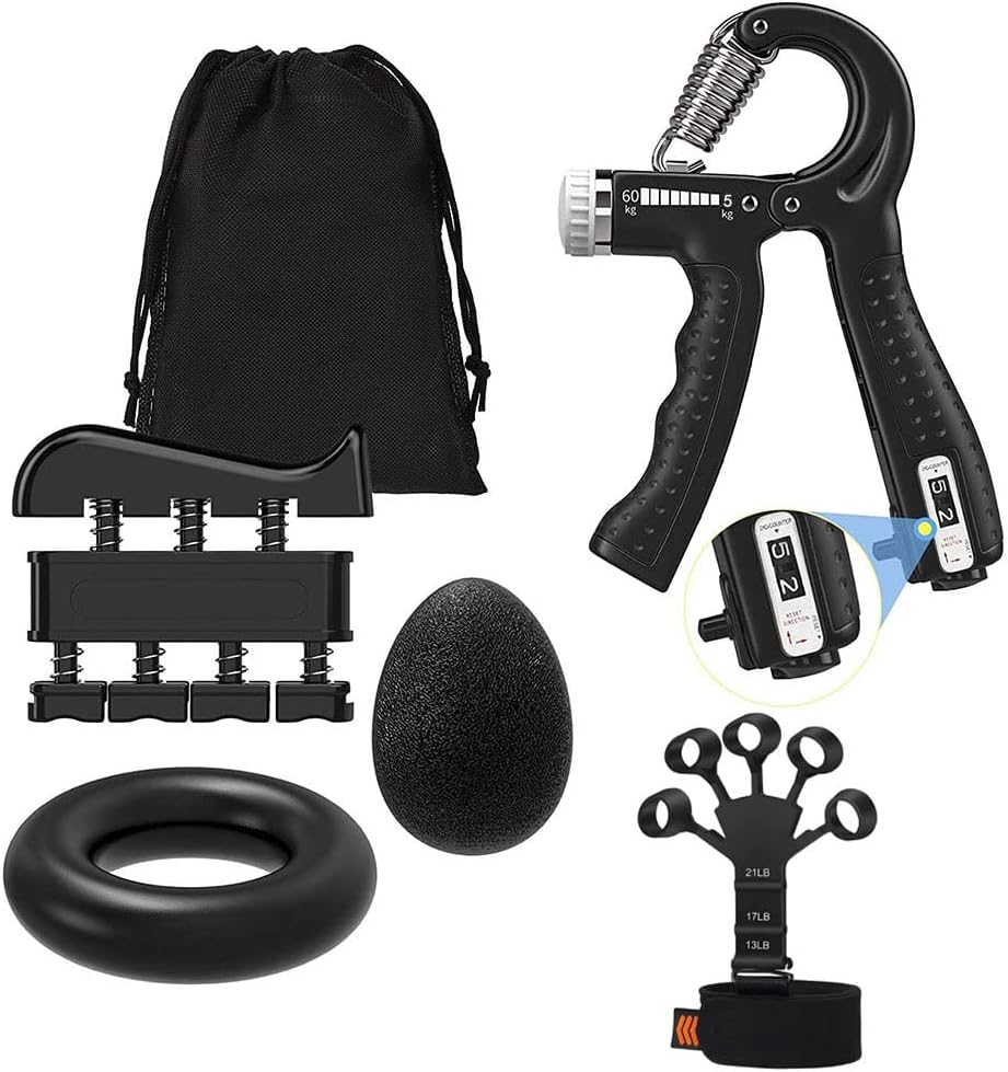 Gym hand grip strengthener kit including adjustable grips, finger exerciser, grip ring, and training ball.