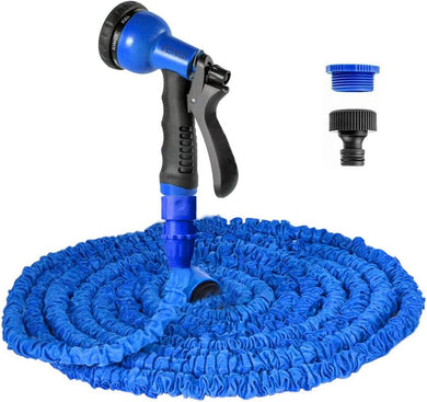 Blue expandable garden hose with 8-pattern spray nozzle and connectors coiled neatly.