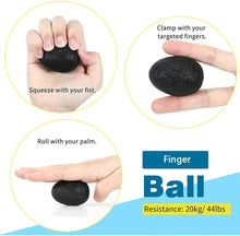 تحميل الصورة في عارض المعرض، Finger ball strengthener showing various grip techniques; resistance of 20kg/44lbs for hand workouts.
