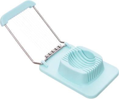 Multifunctional blue egg slicer and cutter for precise slicing and wedging of hard-boiled eggs.