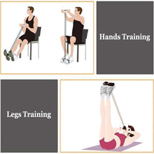 تحميل الصورة في عارض المعرض، Illustration of resistance band exercises for hands and legs training, showing two men and one woman demonstrating workouts.
