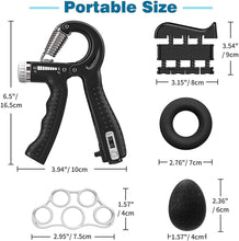 تحميل الصورة في عارض المعرض، Gym hand grip strengthener kit with adjustable resistance, grip ring, finger exerciser, and finger ball.
