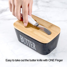 Load image into Gallery viewer, Porcelain butter dish with bamboo lid and butter knife, easy to access with one finger, stylish kitchen accessory.
