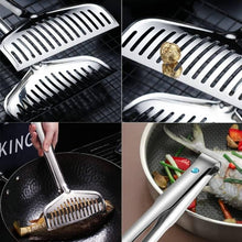 تحميل الصورة في عارض المعرض، Stainless Steel Barbecue Tongs Food Tongs Fried Fish Grilled Fish Tongs Steak Frying Tongs Household Kitchen Tools in action.
