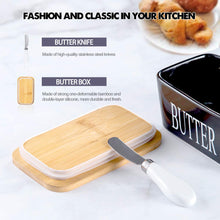 Load image into Gallery viewer, Butter box with bamboo lid, stainless steel knife, stylish kitchen accessory for butter storage.

