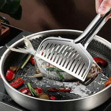 تحميل الصورة في عارض المعرض، Stainless Steel Barbecue Tongs Food Tongs Fried Fish Grilled Fish Tongs Steak Frying Tongs Household Kitchen Tools in use flipping fish.
