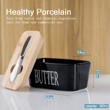 Load image into Gallery viewer, Porcelain butter dish with bamboo lid and spreader, showcasing 650ml capacity, ideal for home use.
