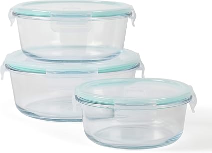 Food Storage Containers - Glass with Airtight Lid – Set of 3 Round ( 390 ml - 520 ml - 800 ml )