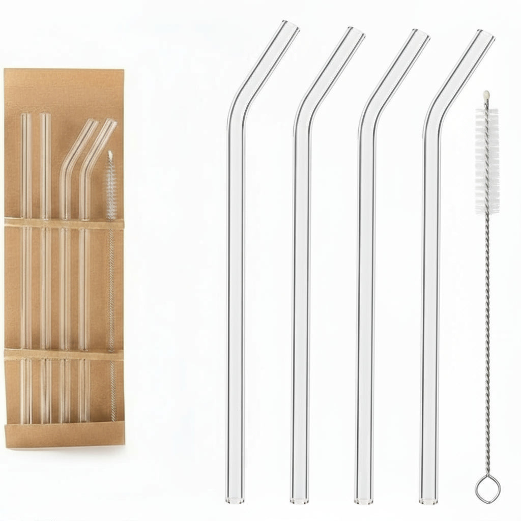 Straws - Reusable Drinking Glass Straws For Drinks - Set of 4 + Brush