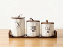Load image into Gallery viewer, Ceramic Canister Set with Bamboo Lids &amp; Serving Tray (3-Piece) | 2 Sizes Decorative Kitchen Storage Containers for (Coffee - Tea - Sugar)
