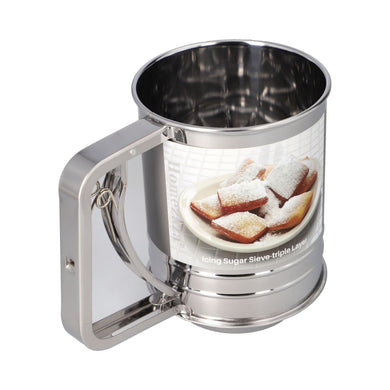 Manual stainless steel sieve with handle for easy sifting of flour, sugar, and spice powder.