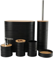 تحميل الصورة في عارض المعرض، A set of black bathroom accessories with bamboo accents, including a waste bin, toilet brush, liquid soap dispenser, toothbrush holder, dry soap dispenser, and a mug.

