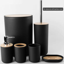 تحميل الصورة في عارض المعرض، Black bathroom accessory set with bamboo cover on a white background
