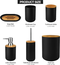 Load image into Gallery viewer, Set of black bathroom accessories with wooden accents and dimensions displayed.
