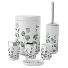 Load image into Gallery viewer, Bathroom accessories set with eucalyptus design on a white background
