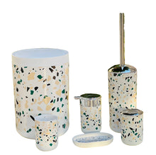 Load image into Gallery viewer, Terrazzo-patterned bathroom accessories on a table with a blurred green outdoor background
