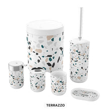 Load image into Gallery viewer, Terrazzo patterned bathroom accessories including cups, a brush, and a container on a white background.
