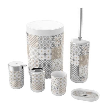 Bathroom accessories set with geometric pattern on a white background, featuring the brand 'Elkhloor'.