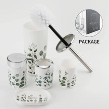 Load image into Gallery viewer, Bathroom accessories set with green leaf pattern on a white background
