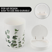 Load image into Gallery viewer, White container with eucalyptus design and pop-up lid on a light gray background
