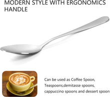 تحميل الصورة في عارض المعرض، Silver spoon with ergonomic handle on a white background, featuring text about its use and design.

